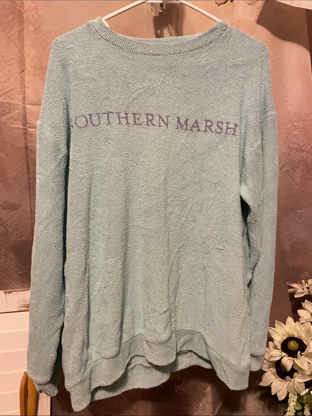 Southern Marsh Light Blue Off-the-Shoulder Sweater with Purple Logo